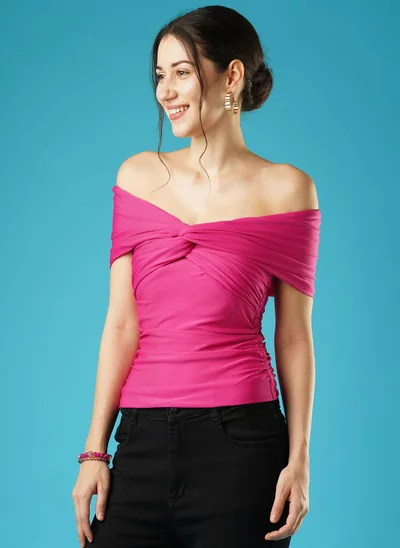 globus Globus Women Solid Twisted & Ruched Side Detail Stretchable Party Bardot Top